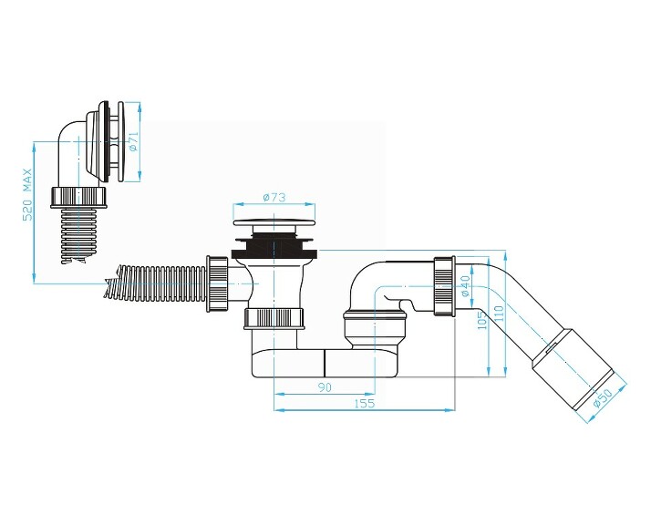 Prohlédnout Vanová výtoková výpust, koleno 45° vč. vanového sifonu 40/50, INOX