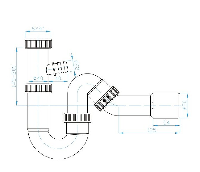 View U siphon 50 with elbow 135°, 6/4" nut with washing machine ext.