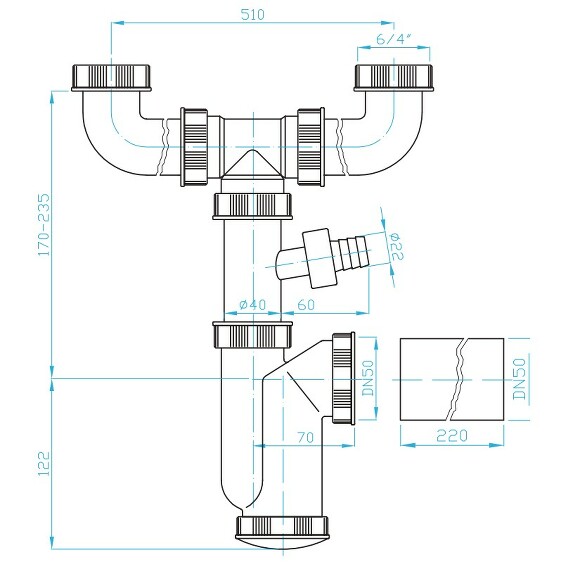 View Trap 50 with 2x 6/4", washing machine outlet