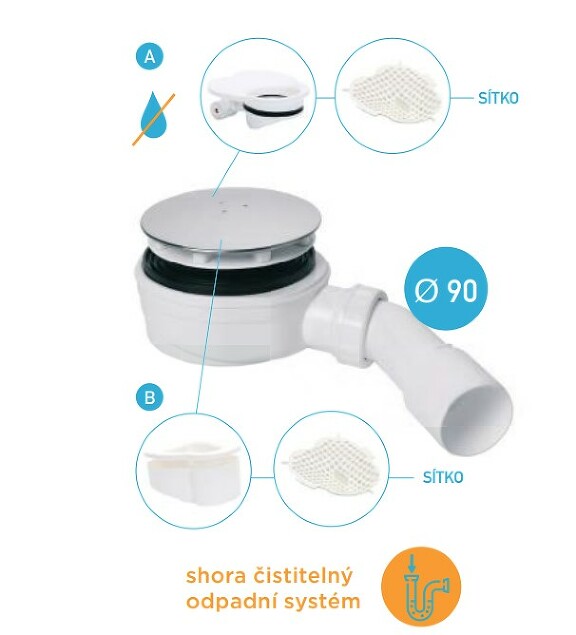 Prohlédnout Sifon vaničkový 90 extra nízký suchý, koleno 45° 40/50, inox