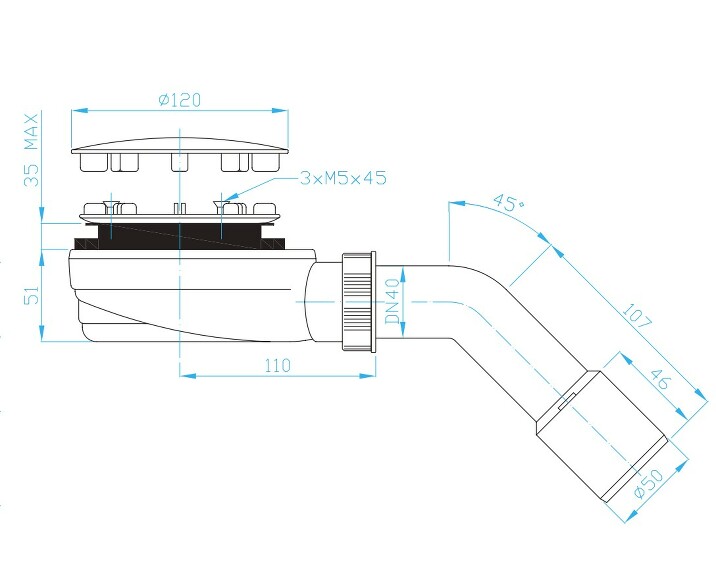 Prohlédnout Sifon vaničkový 90 extra nízký suchý, koleno 45° 40/50, inox
