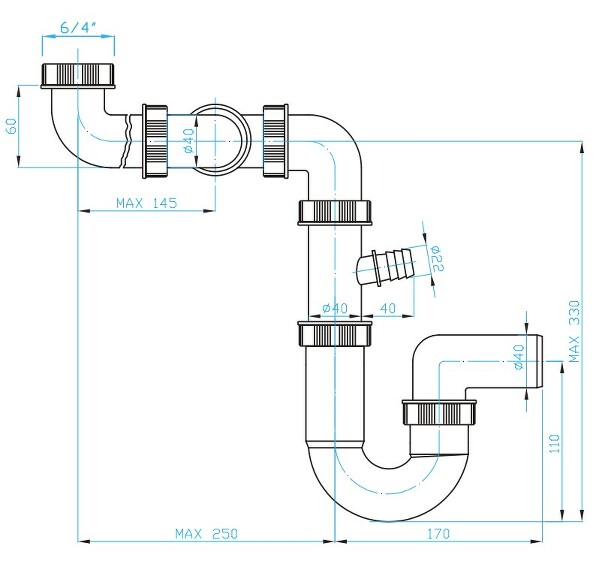 Prohlédnout U sifon pro úsporu místa, 2 x matka 6/4” výškově a délkově stavitelný, pračkový vývod